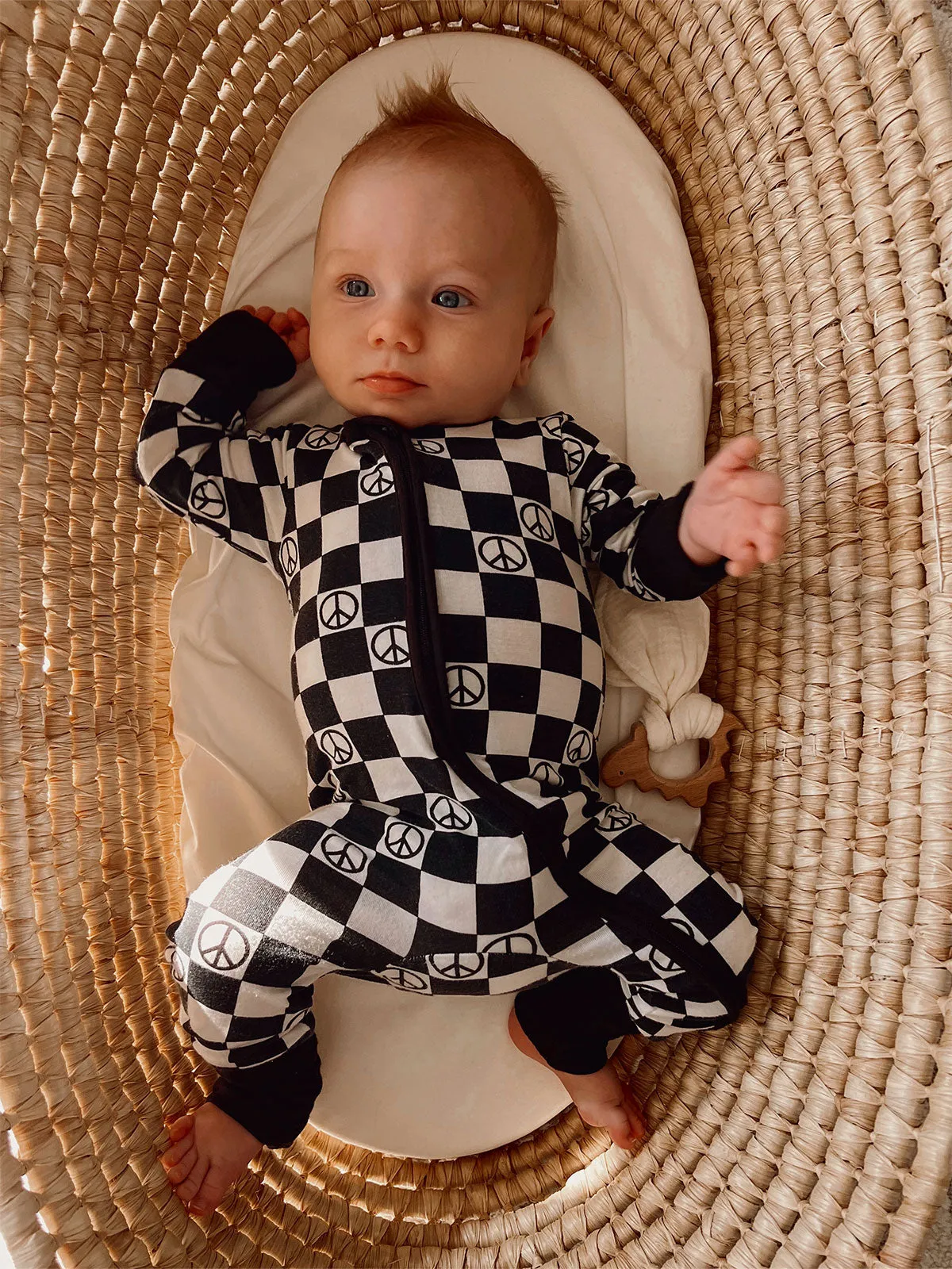 2-Way Convertible Zip Romper, Black Peace Checkerboard