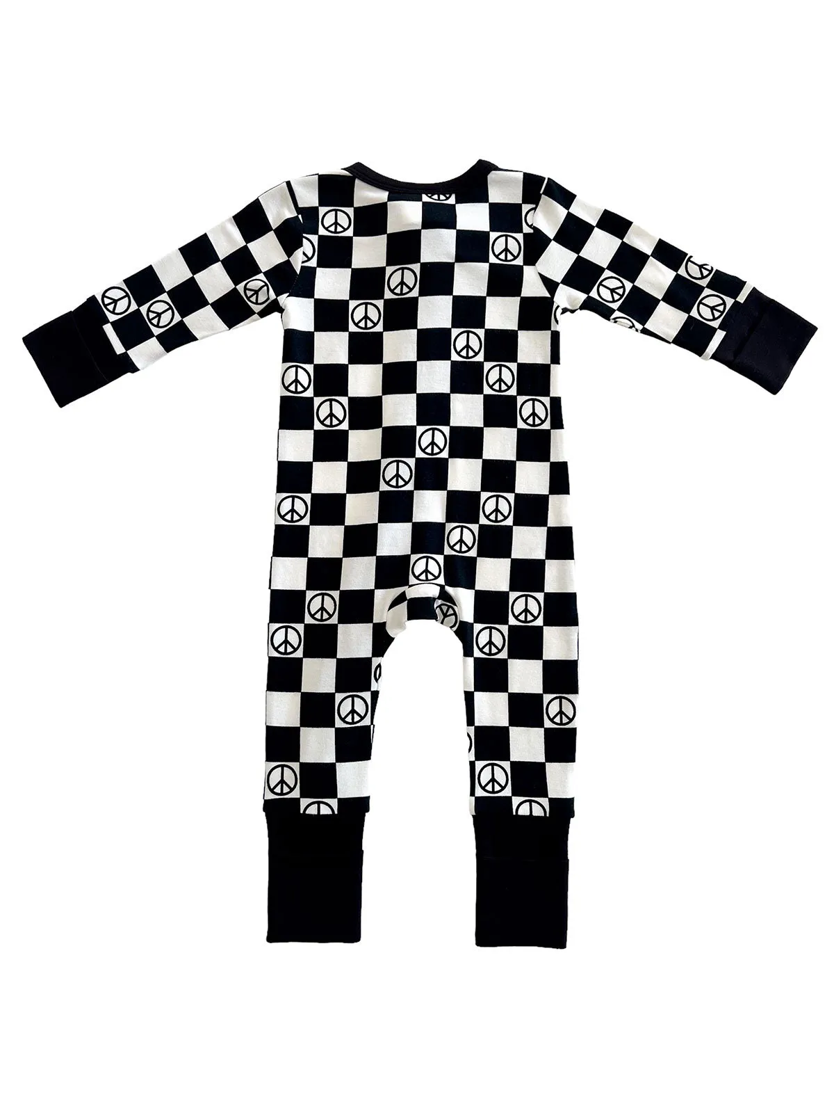 2-Way Convertible Zip Romper, Black Peace Checkerboard