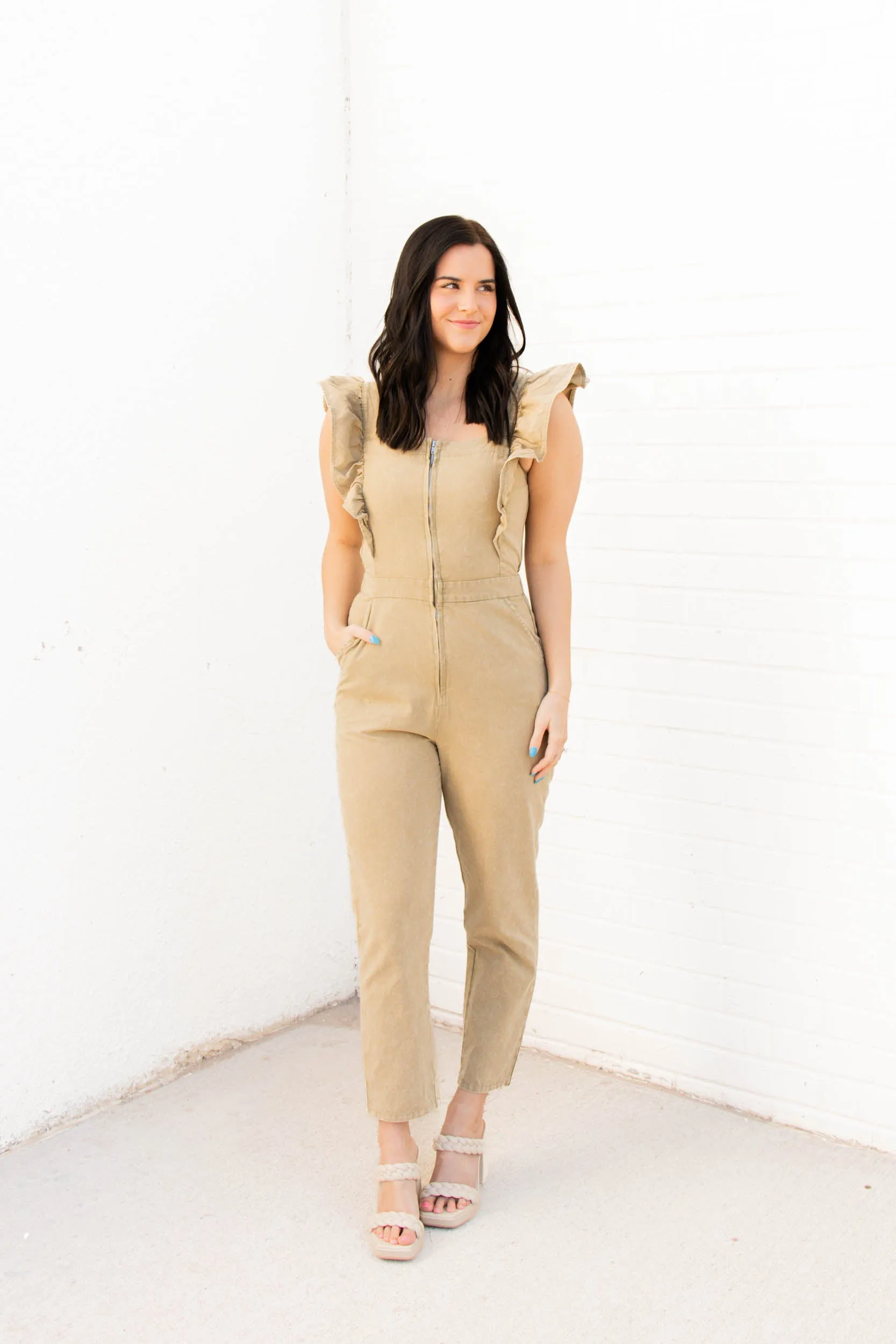 Alaia Ruffle Sleeve Washed Jumpsuit | Olive