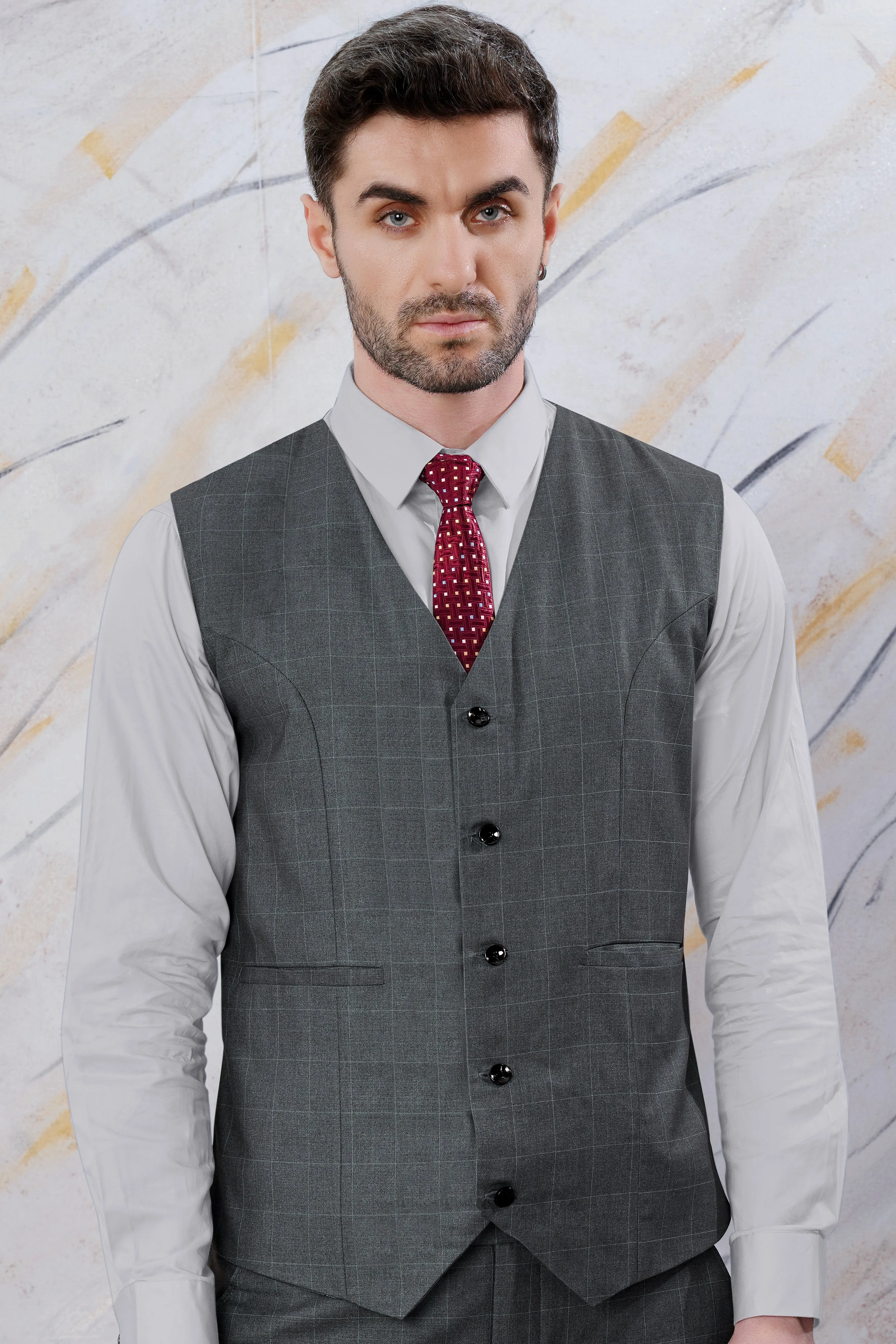 Arsenic Gray Windowpane Wool Rich Waistcoat