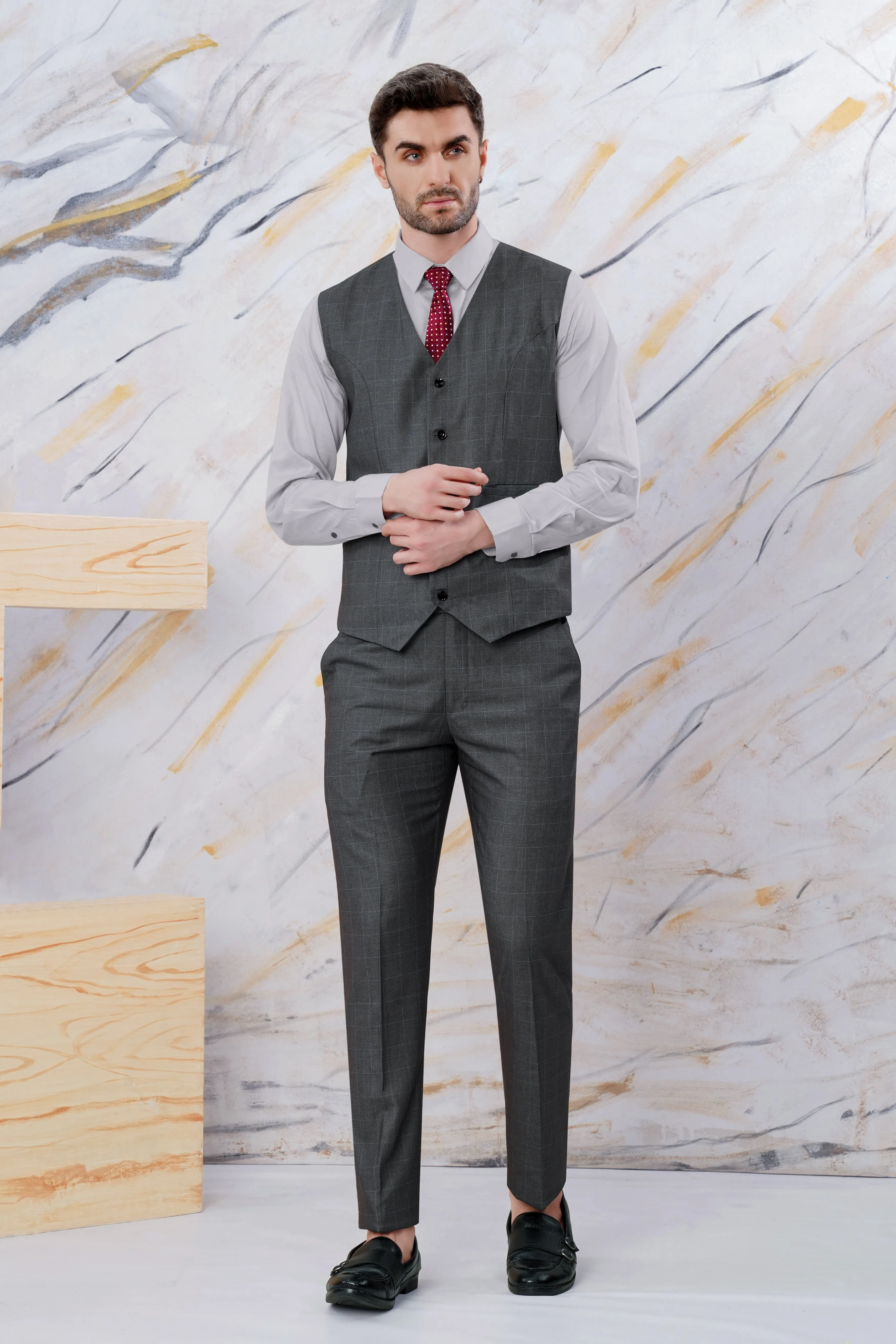 Arsenic Gray Windowpane Wool Rich Waistcoat