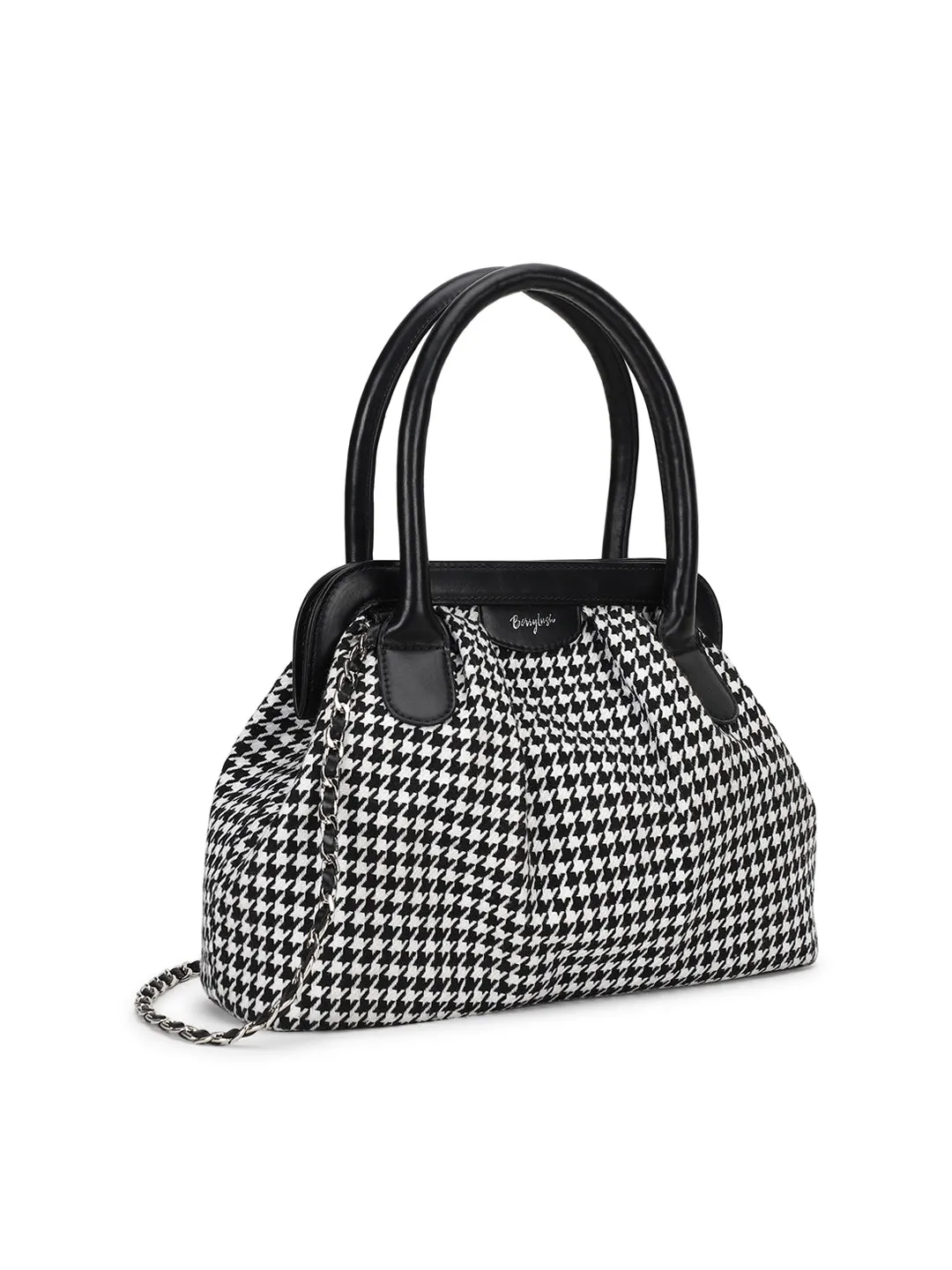 Berrylush Women Black & White Checked Pattern PU Fabric Embellished Structured Regular Casual Handbag