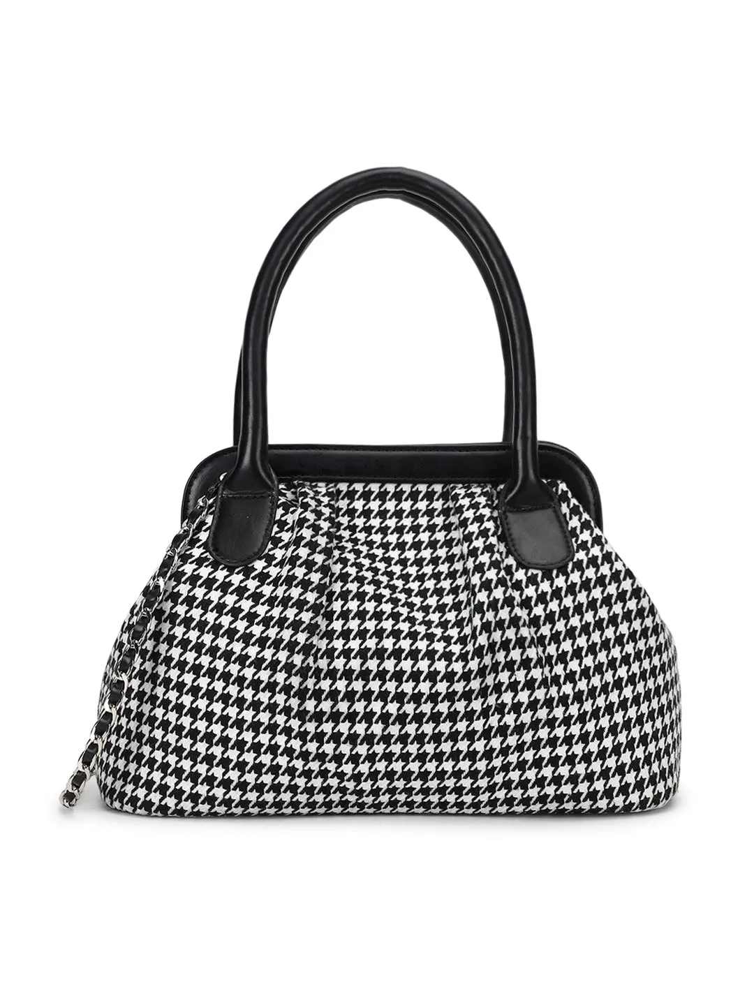 Berrylush Women Black & White Checked Pattern PU Fabric Embellished Structured Regular Casual Handbag