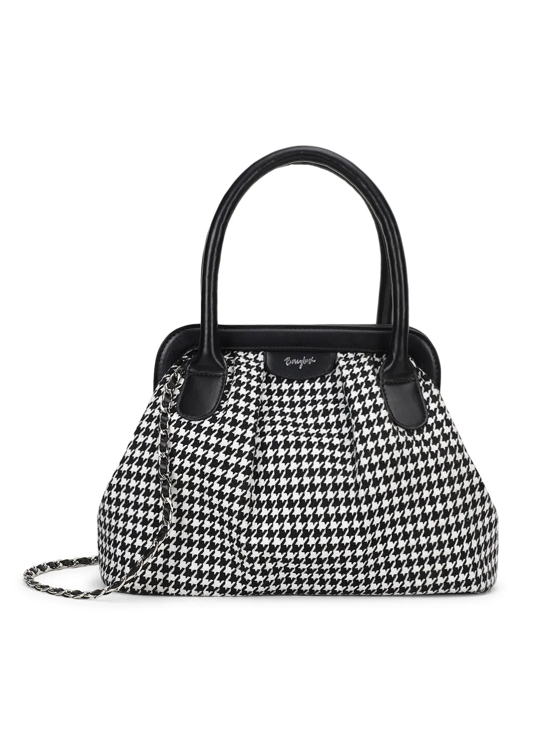 Berrylush Women Black & White Checked Pattern PU Fabric Embellished Structured Regular Casual Handbag