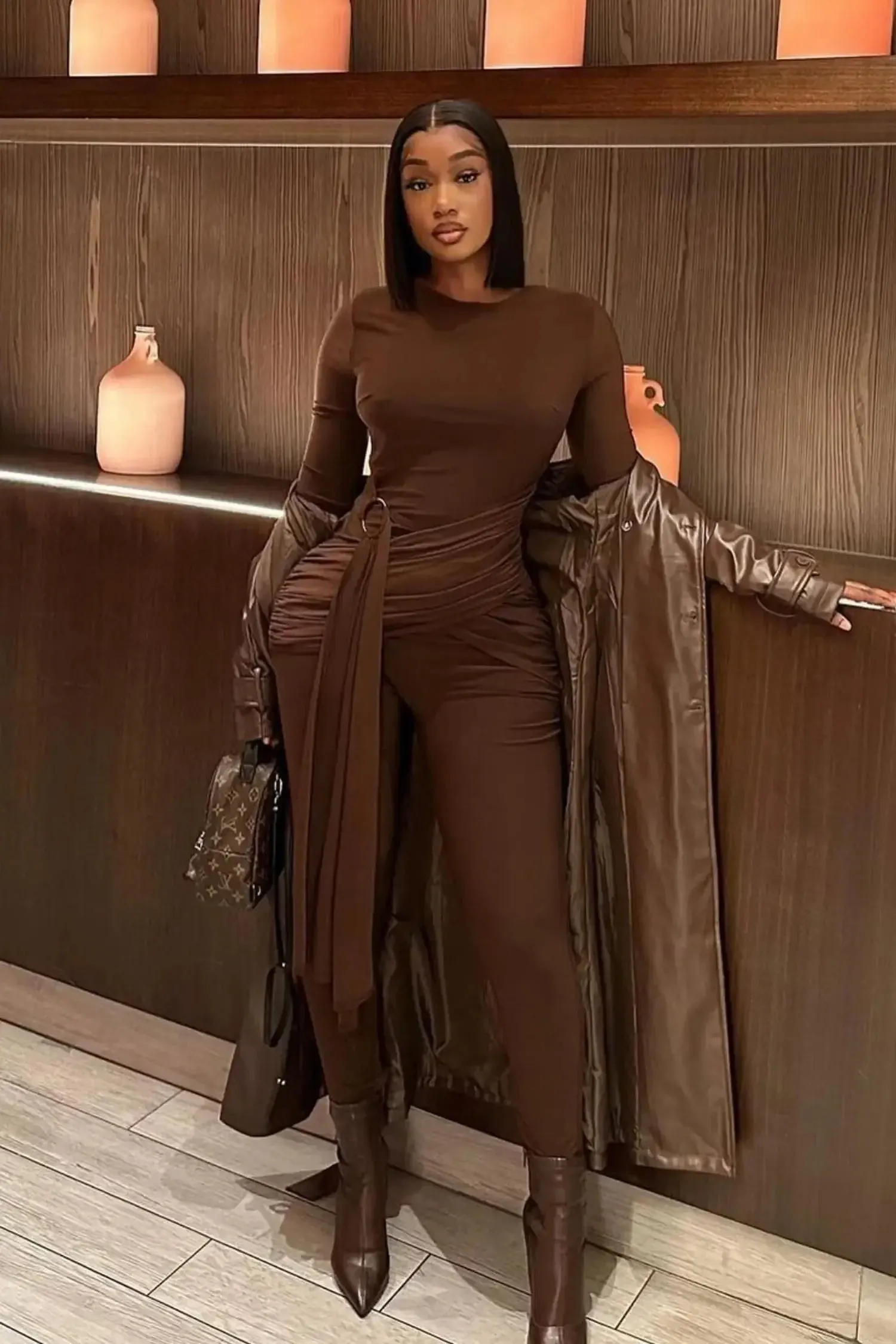 Brown Long Sleeve Wrap Jumpsuit