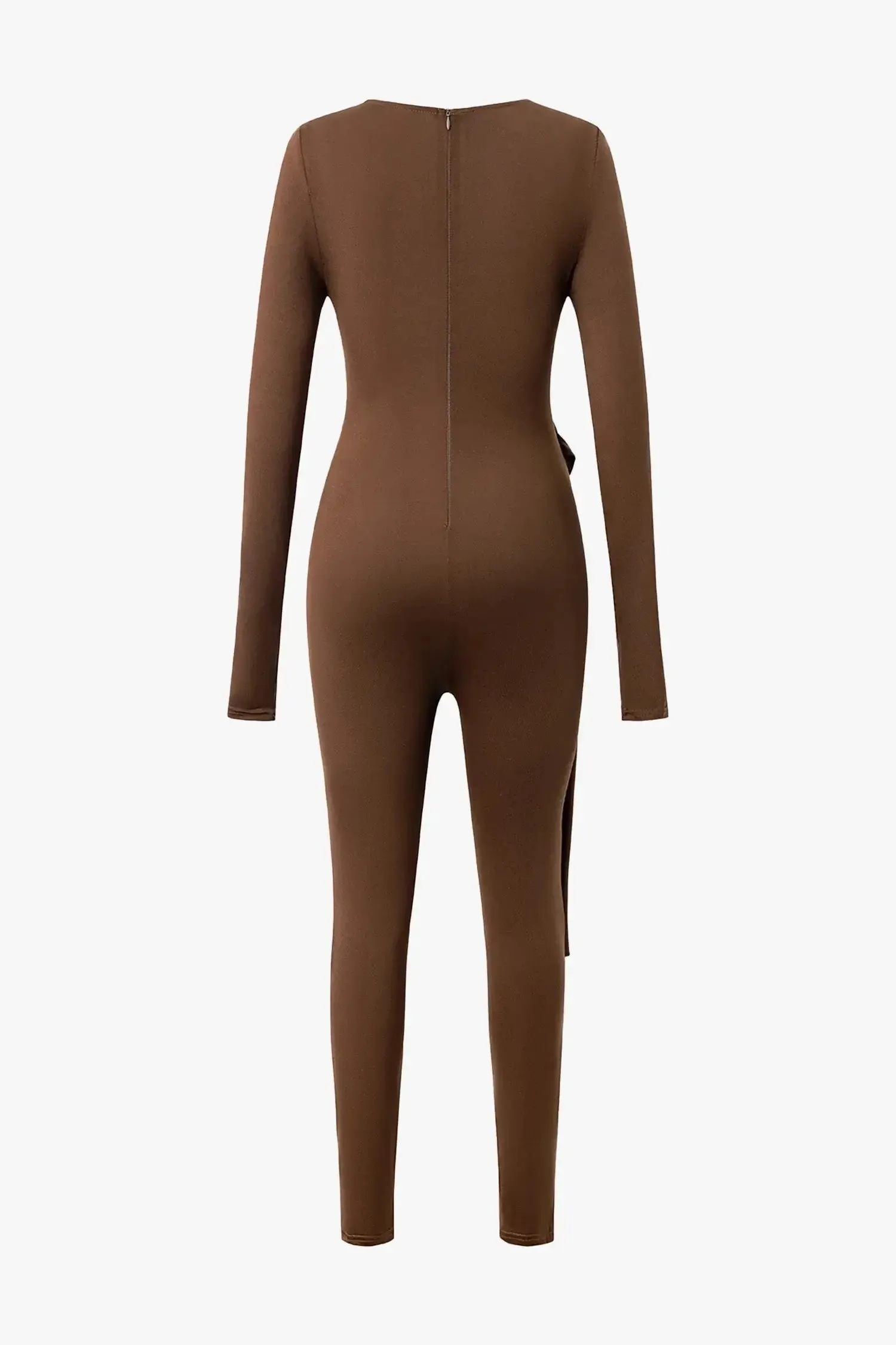 Brown Long Sleeve Wrap Jumpsuit