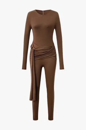 Brown Long Sleeve Wrap Jumpsuit