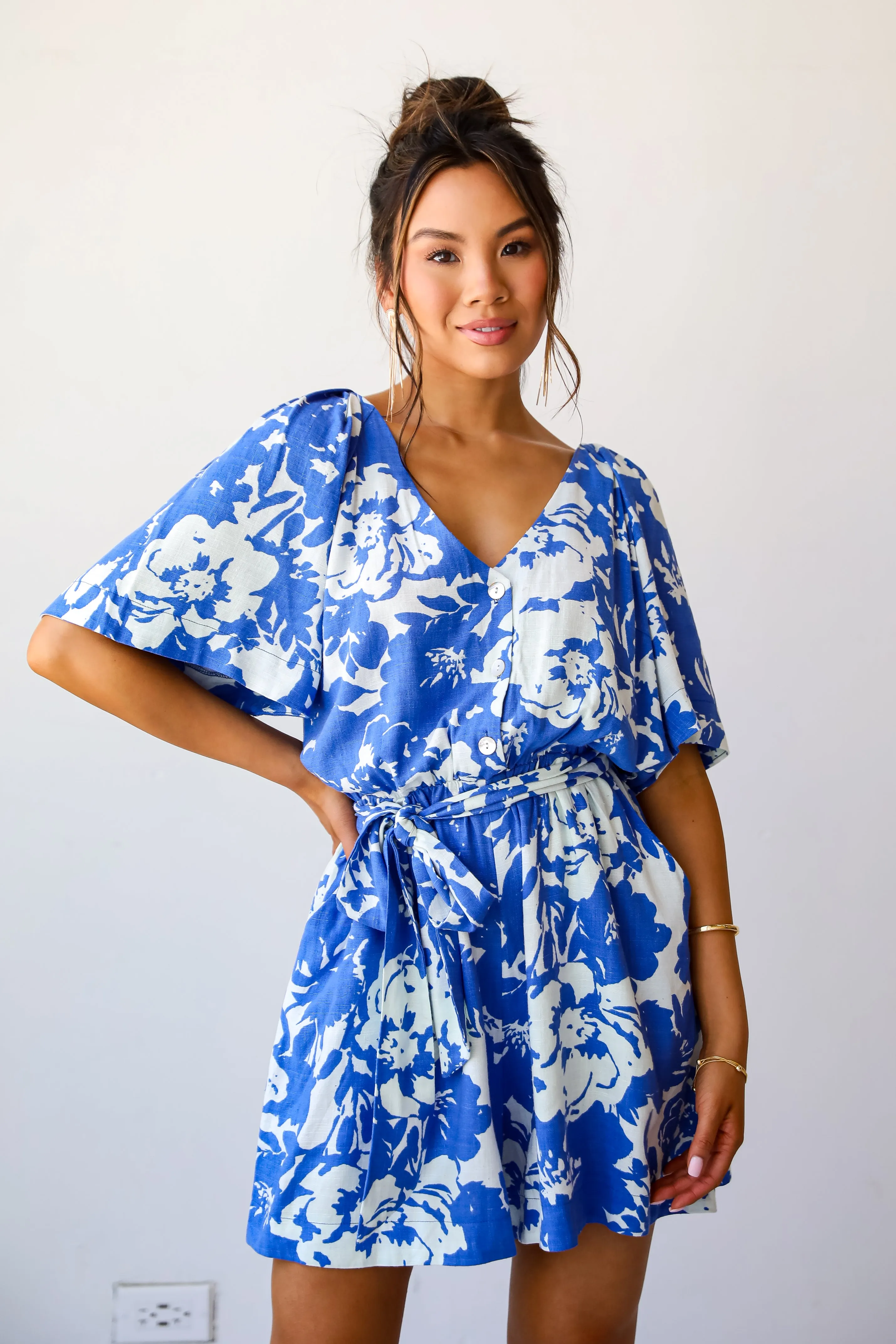 Charming Pose Royal Blue Floral Linen Romper