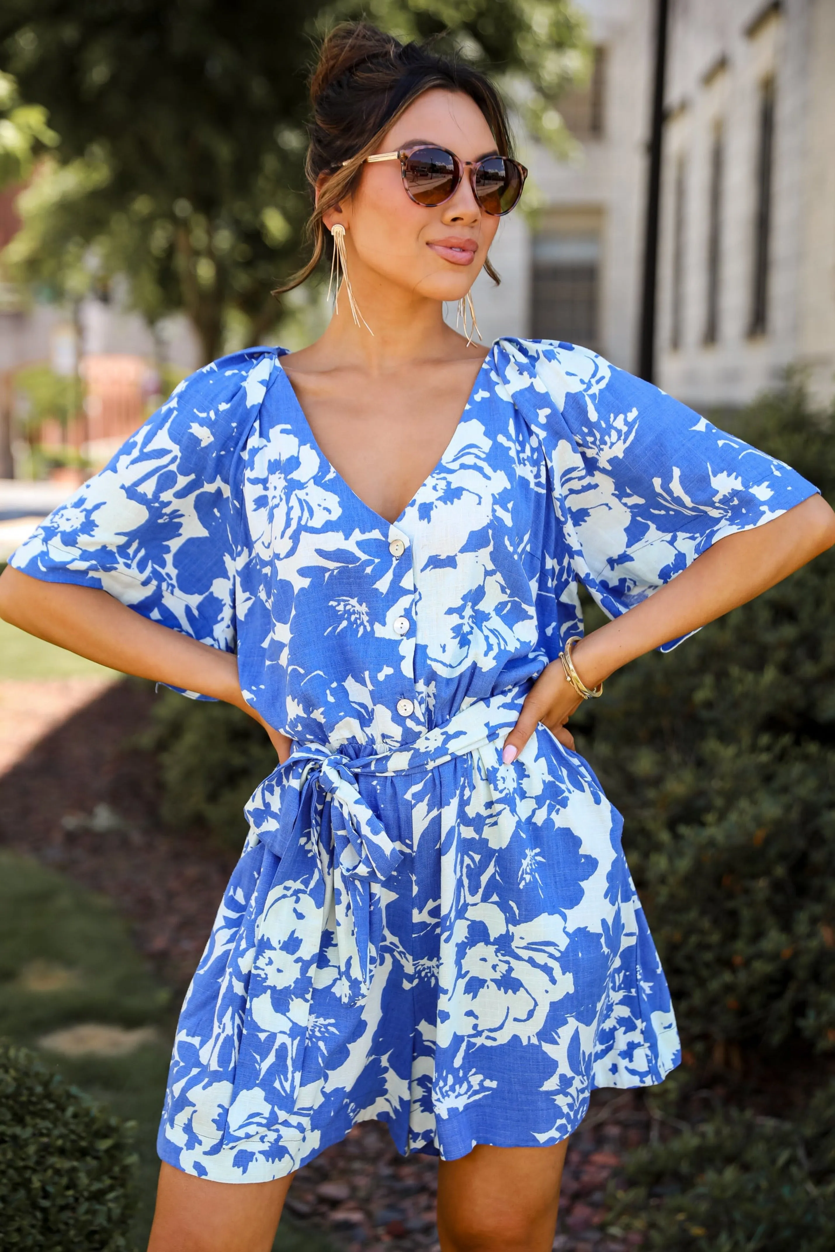 Charming Pose Royal Blue Floral Linen Romper