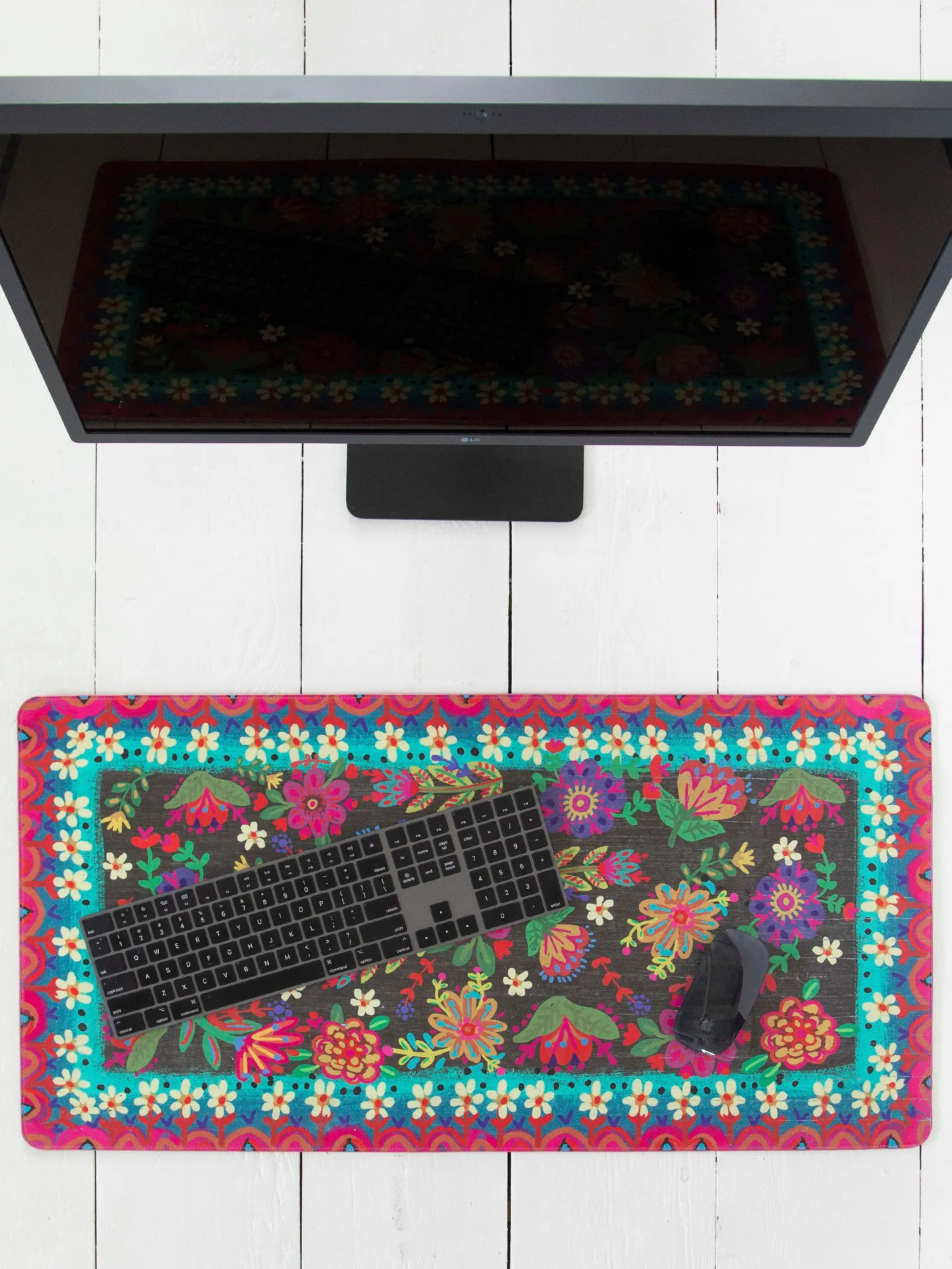 Desk Mat - Black Folk Flower