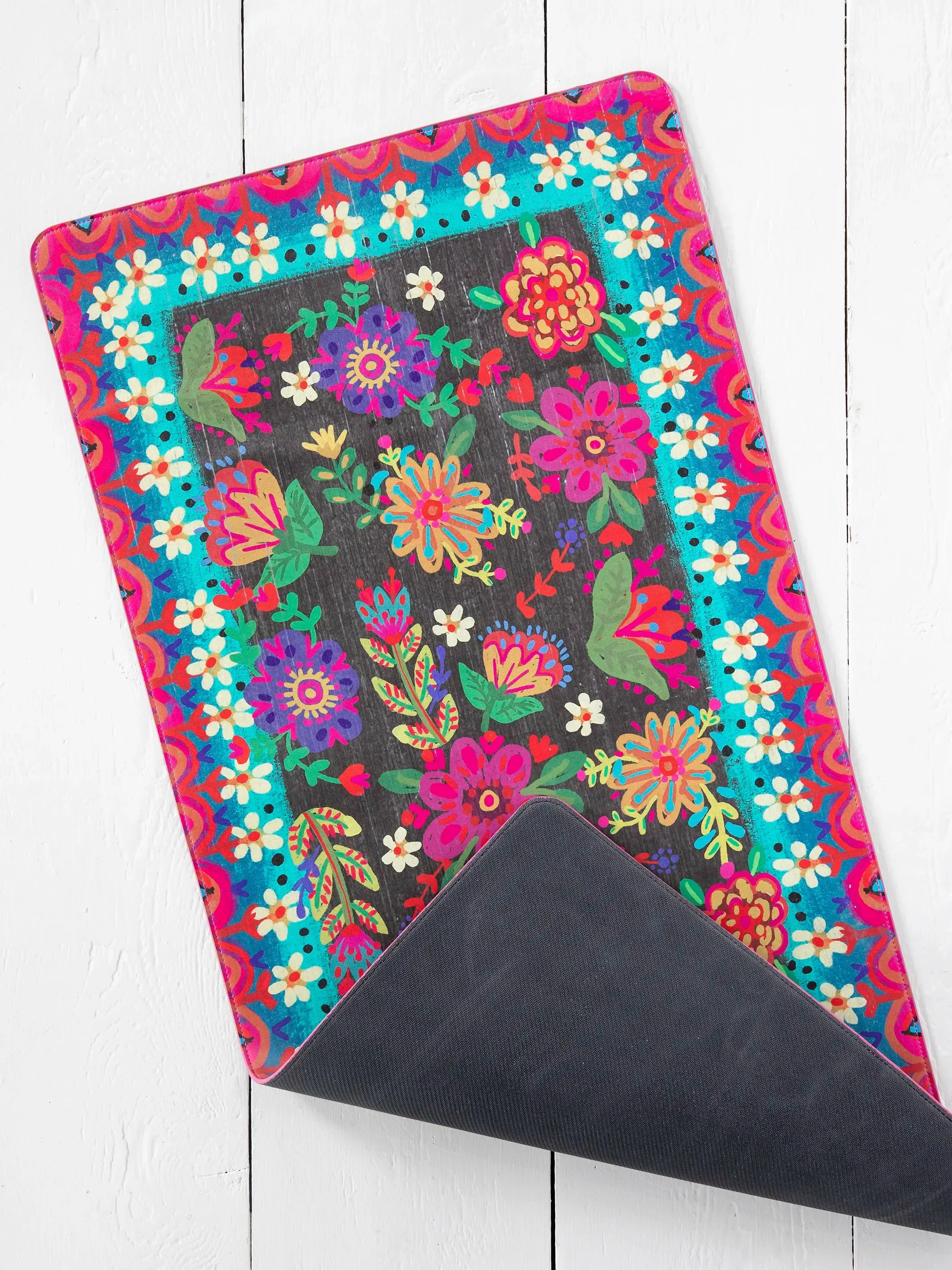 Desk Mat - Black Folk Flower