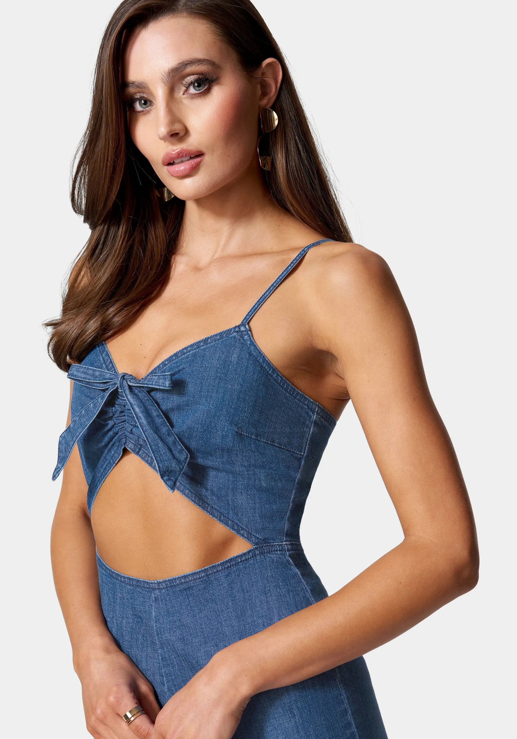 Front Ruched Cut Out Wide Leg Lightweight Denim Jumpsuit