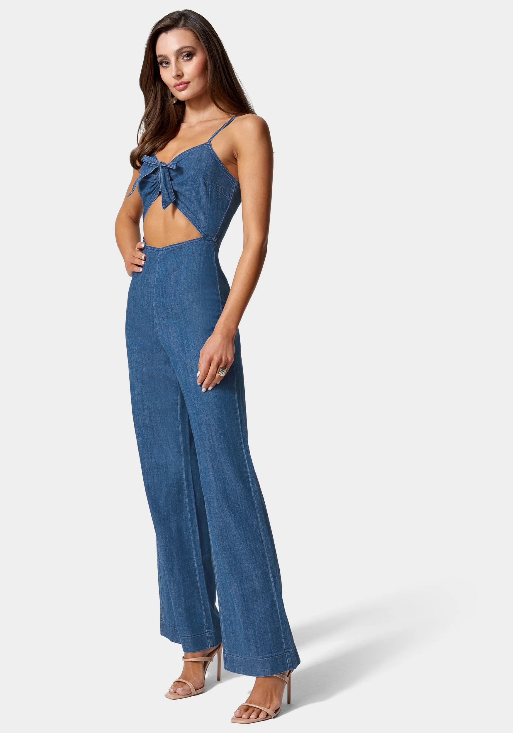 Front Ruched Cut Out Wide Leg Lightweight Denim Jumpsuit