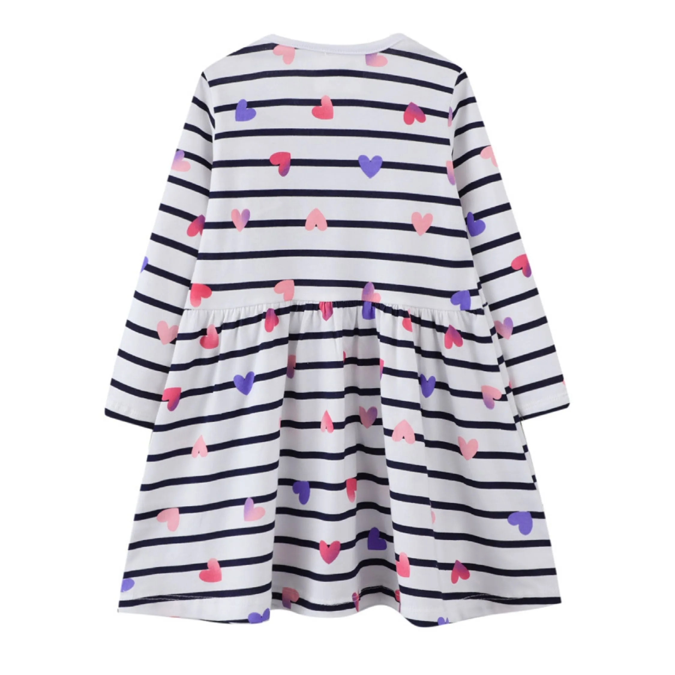 Full Sleeve Beautiful Heart Print Striped Theme Girls Dress, White