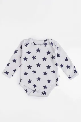 Full sleeve White & blue graphic bodysuit for baby