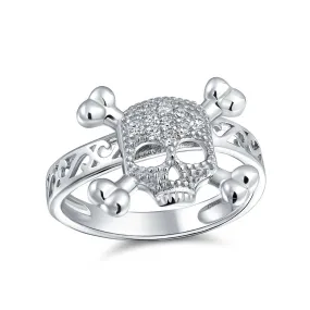 Goth Pave CZ Caribbean Pirate Skull Crossbones Ring Sterling Silver