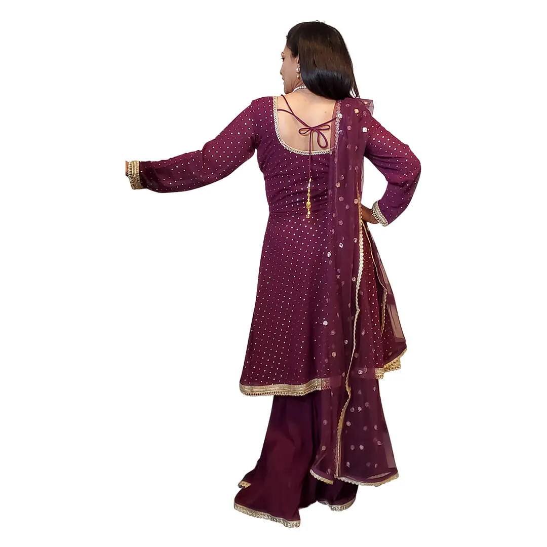 Maroon Sharara Suit with bead work on edges