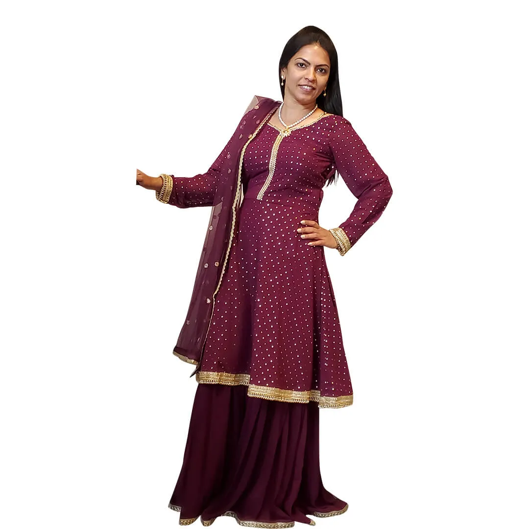 Maroon Sharara Suit with bead work on edges