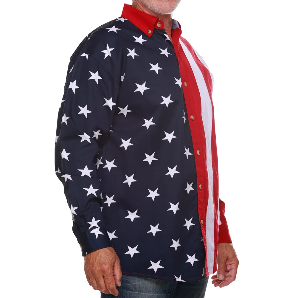 Men's 100% Cotton Stars and Stripes Long Sleeve Button-Up Shirt