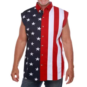 Men's 100% Cotton Stars and Stripes Sleeveless Button-Up Shirt