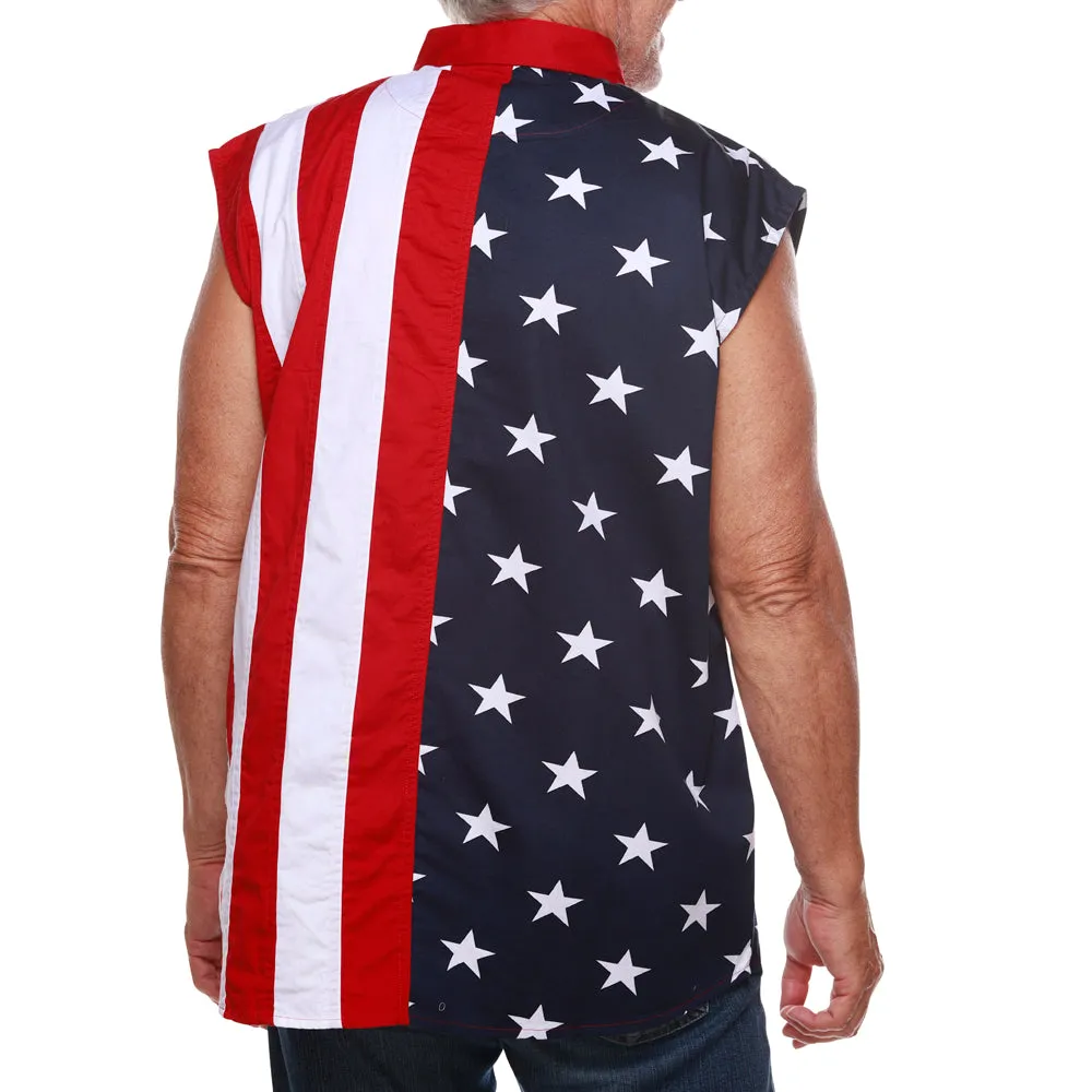 Men's 100% Cotton Stars and Stripes Sleeveless Button-Up Shirt