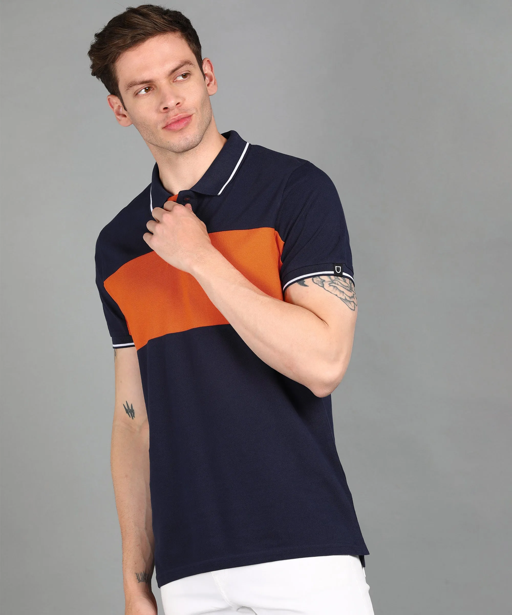 Men's Navy, Orange Colour-Block Slim Fit Half Sleeve Cotton Polo T-Shirt