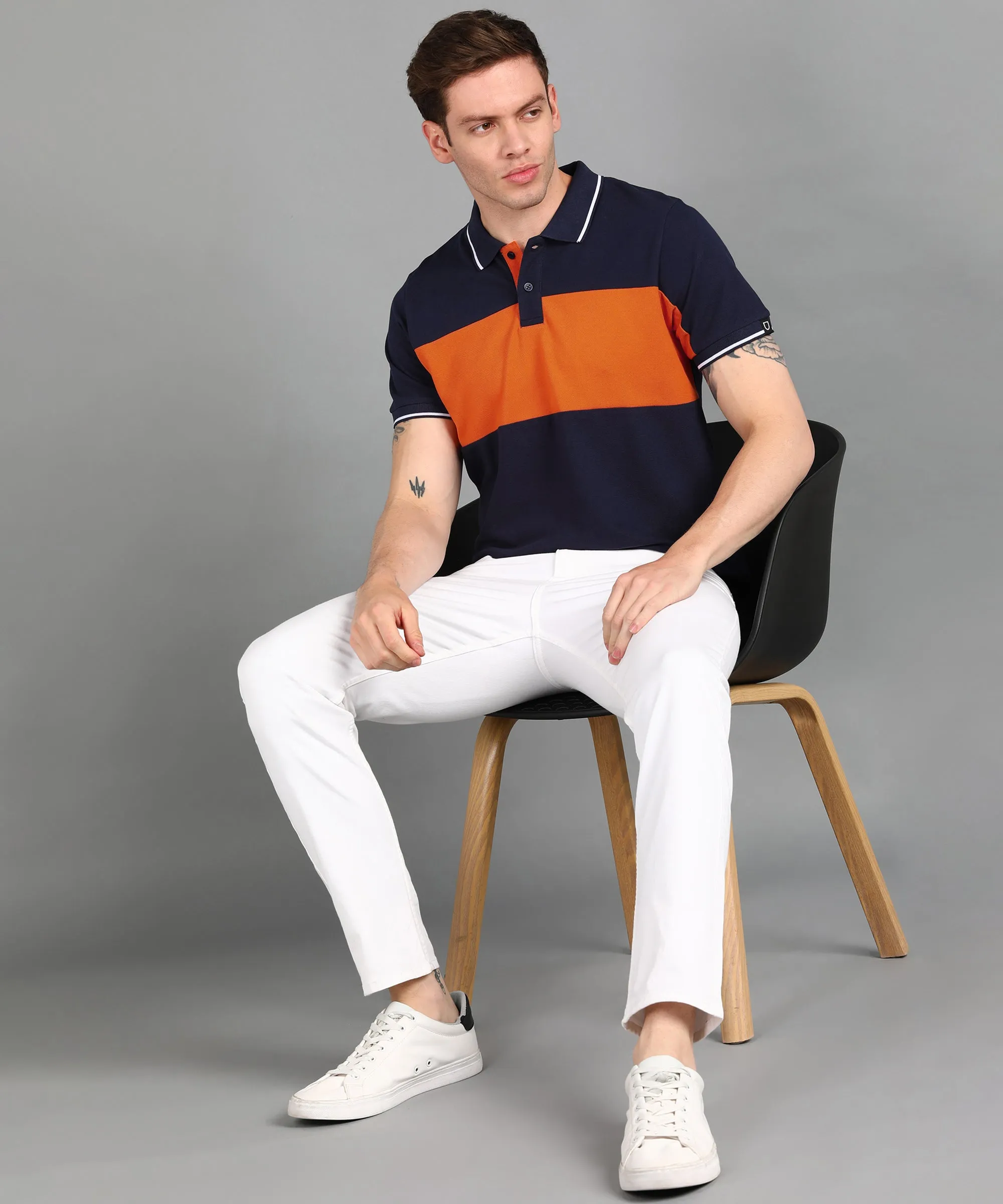 Men's Navy, Orange Colour-Block Slim Fit Half Sleeve Cotton Polo T-Shirt