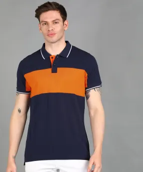 Men's Navy, Orange Colour-Block Slim Fit Half Sleeve Cotton Polo T-Shirt