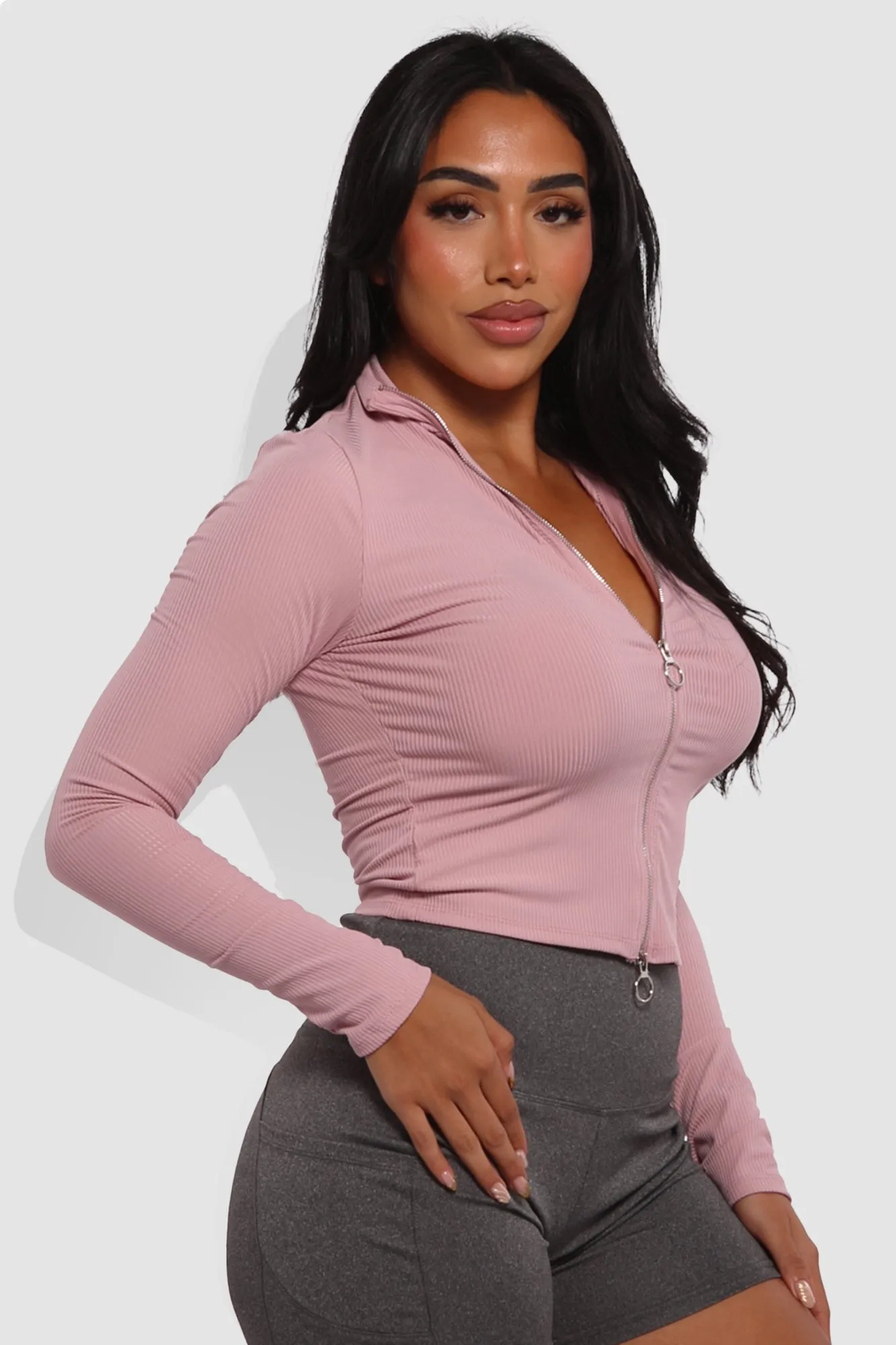 Mock Neck Long Sleeve Rib Knit Zip Up Crop Tops - Mauve