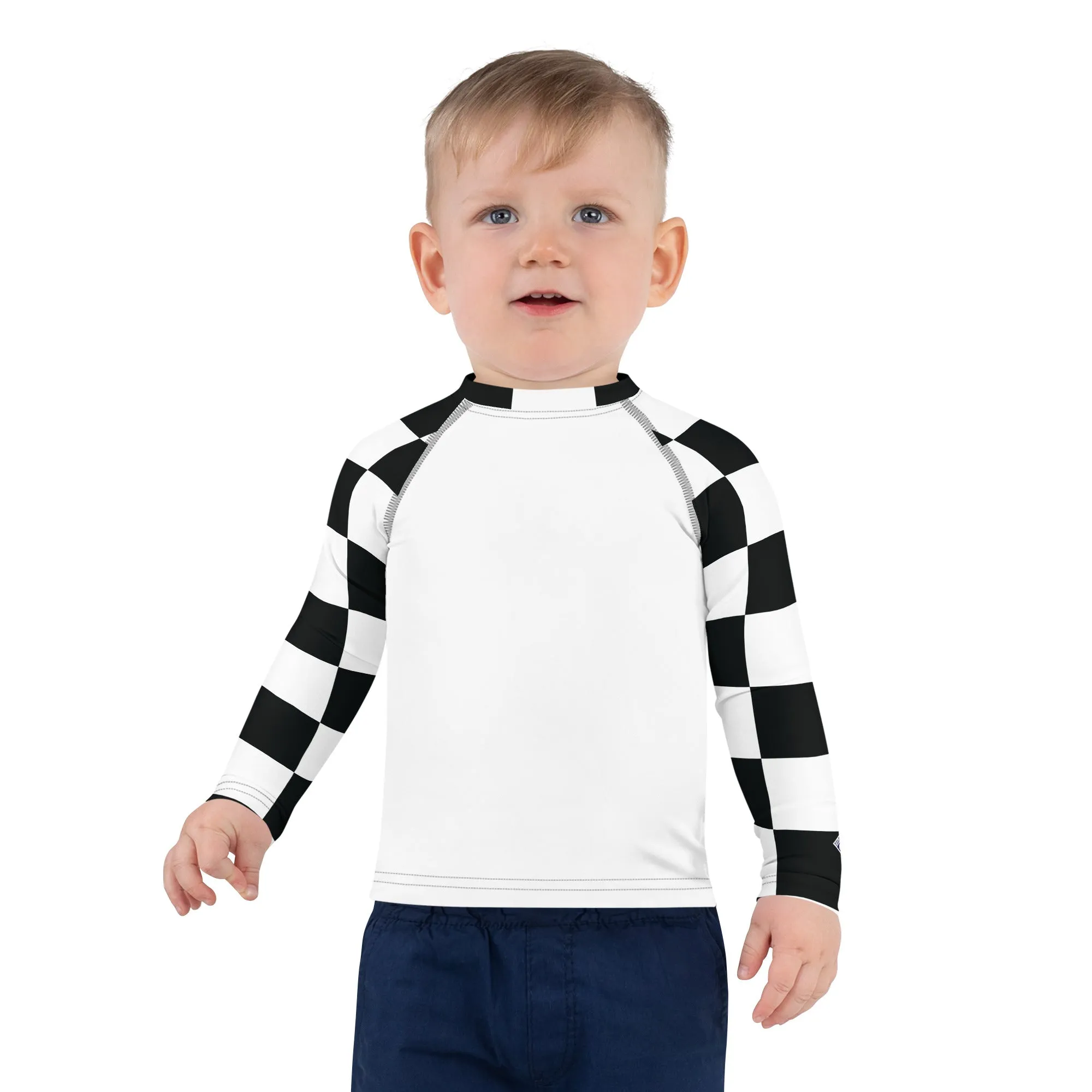 Trendy Tots: Boys' Checkered Long Sleeve Rash Guard - Blanc